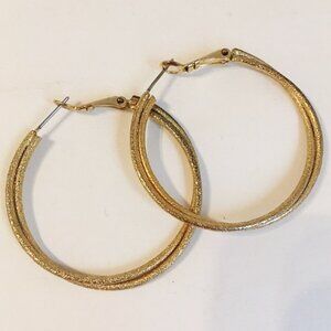 Double Hoop Earrings Gold Textured Twisted Rings Pierced Hinged Back Statement
